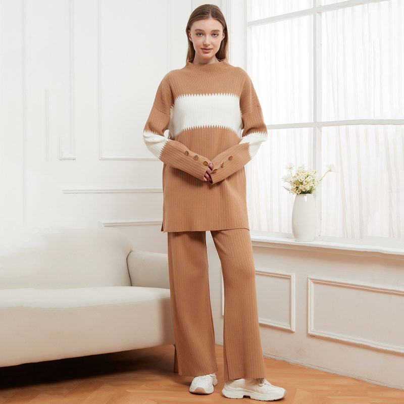 Stitching Pullover & Split Sweater Trousers Set - Casual Two-Piece