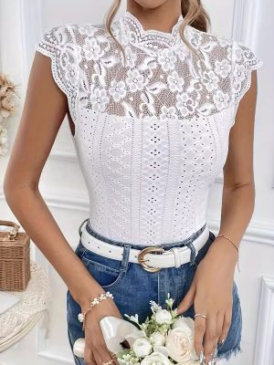 Elegant Lace Stitching Collar Short Sleeve Solid Color T Shirt Slimming Top Women