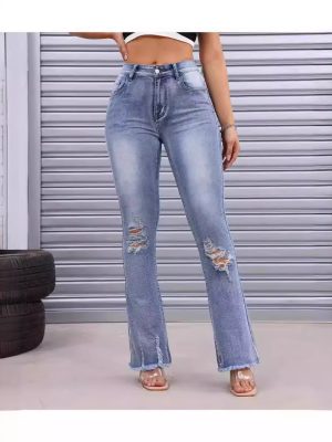 Spring Summer Ripped Straight Slightly Flared Office Jeans