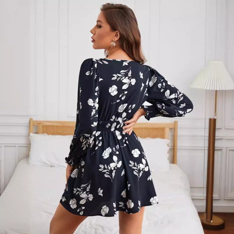 Floral Printed V-Neck Lantern Sleeve Dress - Elegant Autumn Winter - Image 2