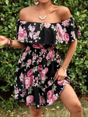 Elegant Off-Shoulder Floral Print Dress – Summer Holiday