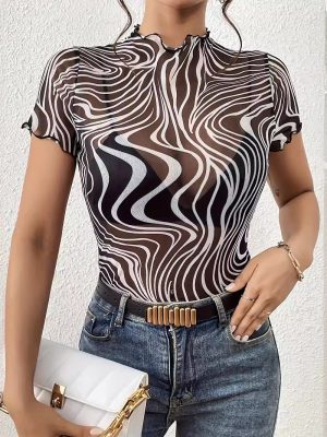 Elegant Mesh Floral Print Top – Striped Short Sleeve Slimming T-Shirt