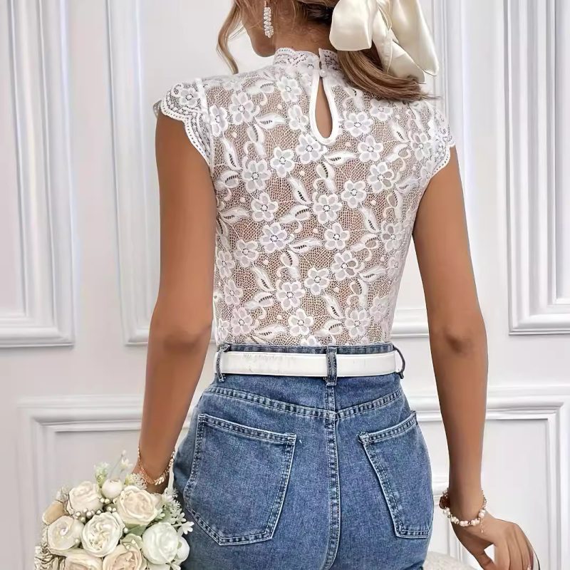 Elegant Lace Stitching Collar Short Sleeve Solid Color T Shirt Slimming Top Women - Image 2