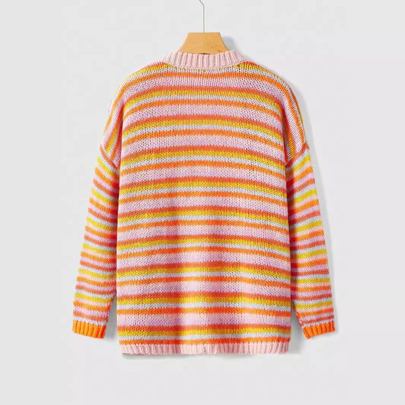 Striped Knitted Cardigan Coat - Buckle-Free Autumn/Winter - Image 4