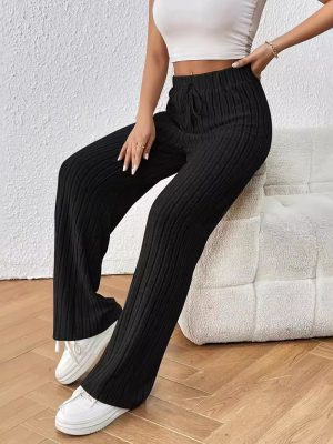 Knitted Wide Leg Trousers – Knot Waist, Elastic High-Waist Casual Pants