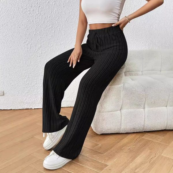 Knitted Wide Leg Trousers - Knot Waist, Elastic High-Waist Casual Pants