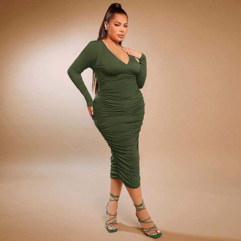 Plus Size Sexy V-Neck Pencil Dress - High Waist & Ruched, Autumn/Winter - Image 4