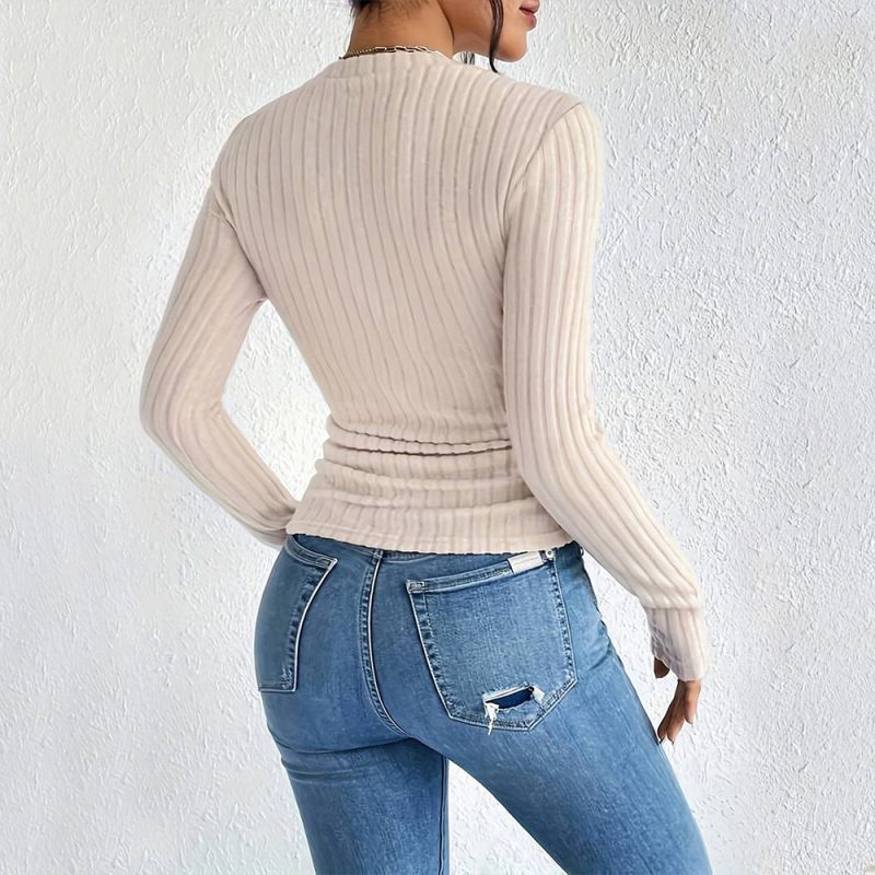 Simple Round Neck Long Sleeve T-Shirt - Fall Winter Office Wear - Image 2