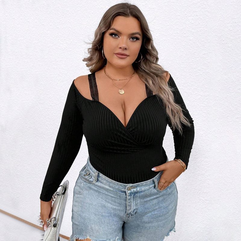 Plus Size Slimming V-Neck Long Sleeve Top - Fall/Winter - Image 2