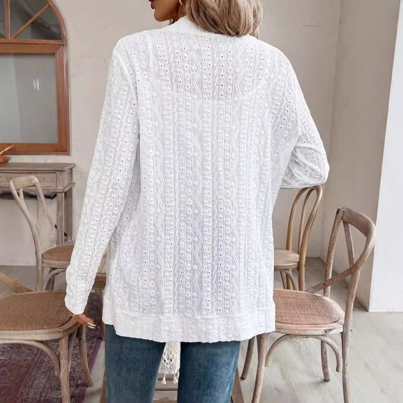 Solid Color Lace Jacket - Double Pocket Long Sleeve Open Coat - Image 2