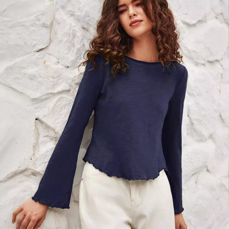 Flare-Sleeve Round Neck Knitted Long Sleeve Top for Early Autumn - Image 3