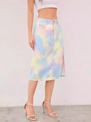 Tie-Dye Gradient Denim Skirt – Mid-High Waist for Summer