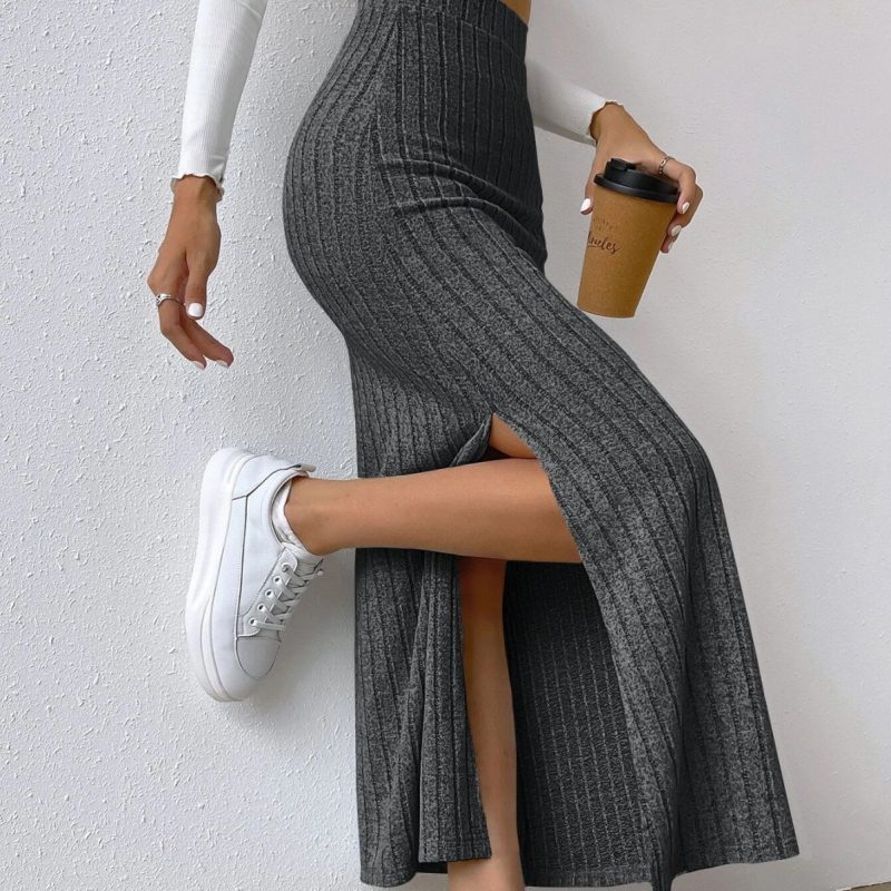 High Waist Slim Fit Knitted Skirt with Side Slit – Women's Fashion - Image 3