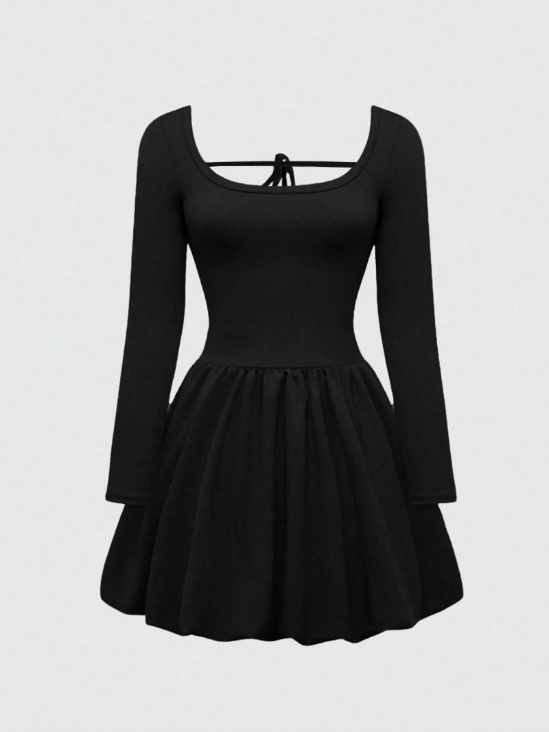 Plus Size U-Neck High Waist Lace-Up A-Line Dress for Women - Image 3