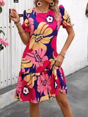 Elegant Floral Print Vacation Dress with Lantern Sleeves