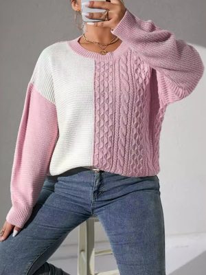 Autumn/Winter Contrast Color Round Neck Sweater for Women