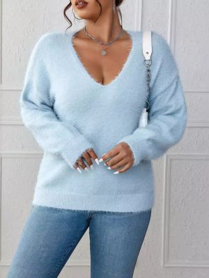 Customized V-Neck Solid Color Long Sleeve Pullover Sweater for Women