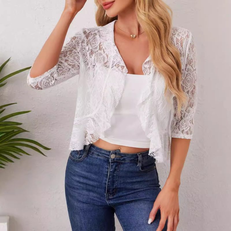 Elegant Ruffled Lace Top - Short Open Placket Women’s Blouse - Image 2