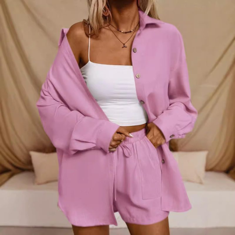 Women's Loose Collared Shirt and Elastic Waist Shorts Set - Solid Color Suit - Image 2