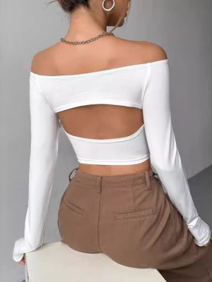 Solid Color Off-Shoulder Tee – Cutout Back, Long Sleeve, Summer