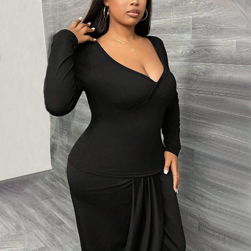 Plus Size Solid Color Long Sleeve T-Shirt - Autumn/Winter - Image 4