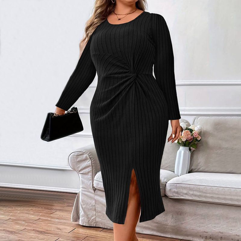 Plus Size Elegant Pleated Dress - Autumn/Winter - Image 3