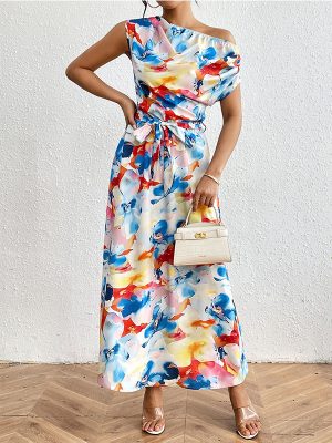 Lace-Up Printed Maxi Dress with Diagonal Collar and Controlled Waist