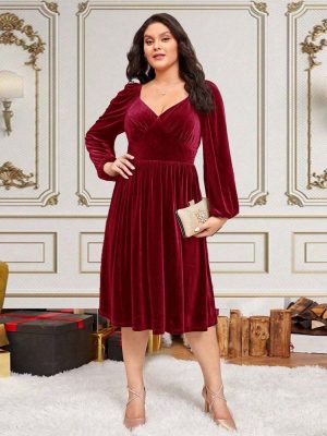 Plus Size Elegant Wine Red Midi Dress for Fall & Winter