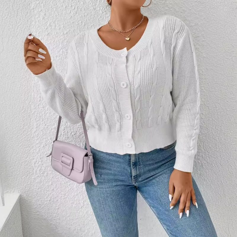 White Knitted Cardigan - Buckle-Free Autumn/Winter Coat - Image 2