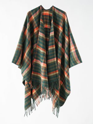 Plaid Cashmere-Like Cape Shawl – Warm Tassel Scarf for Women