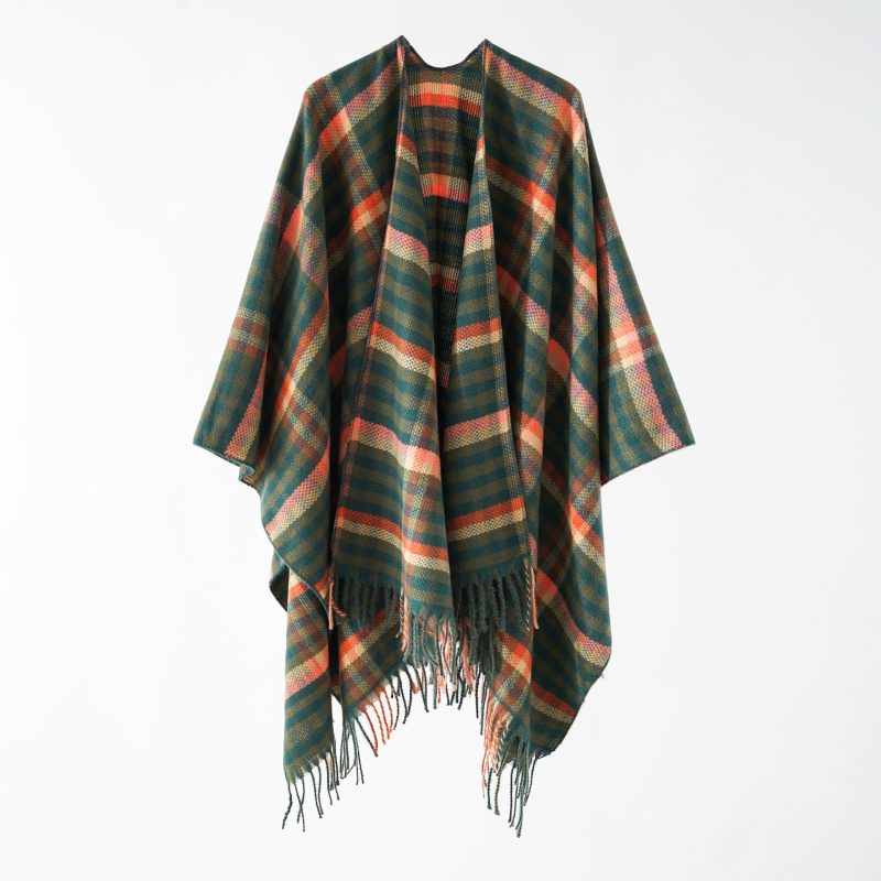 Plaid Cashmere-Like Cape Shawl - Warm Tassel Scarf for Women