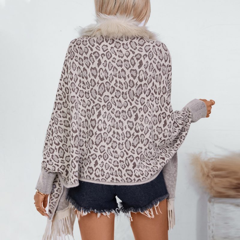 Leopard Print Shawl with Fur Collar - Batwing Sleeve Cardigan - Image 2
