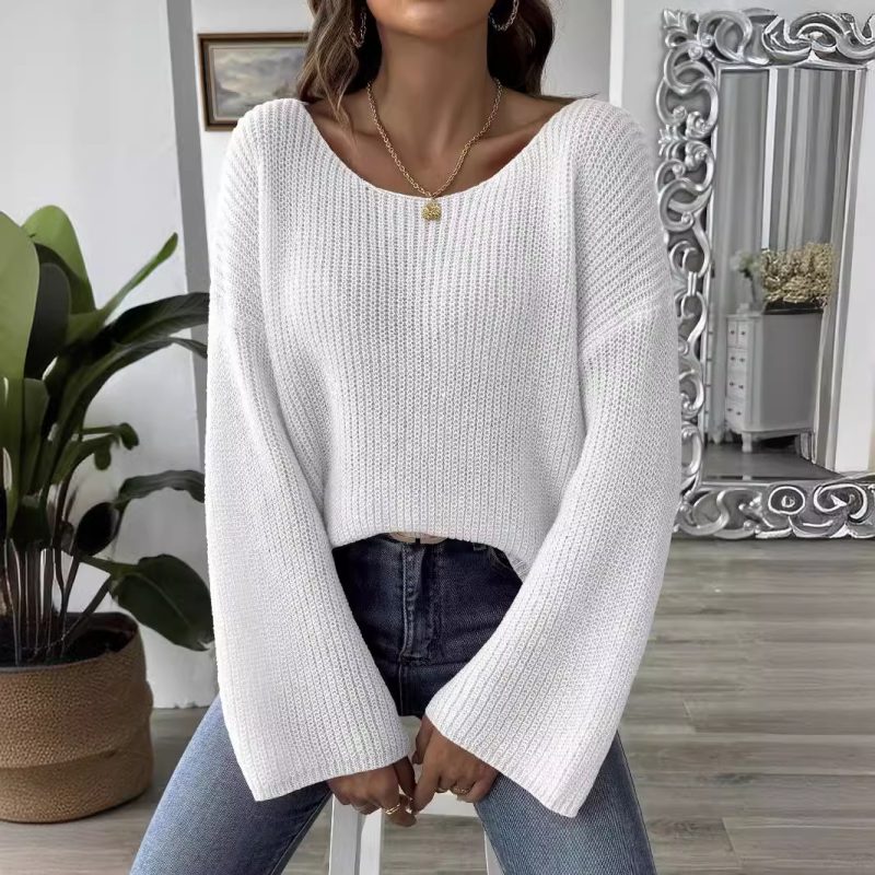 Loose Off-Shoulder Pullover Sweater - Flared Sleeve Top