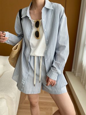 French Texture Stripe Collision Two-Piece Shirt & Shorts Set