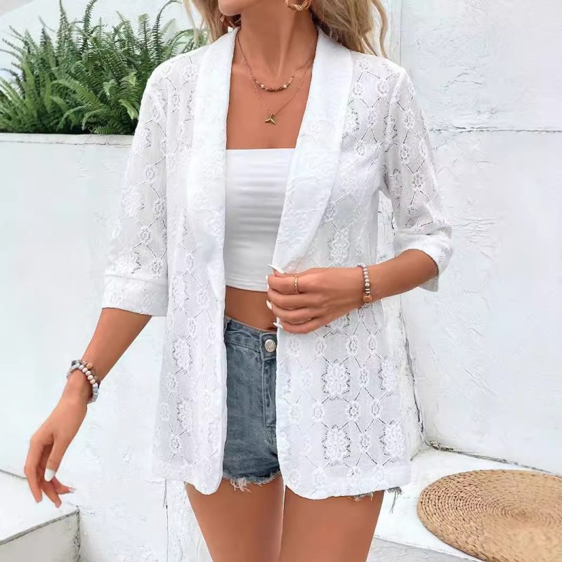 Elegant Lace Sleeve Collared Top - Solid Color Autumn Winter Women’s Wear