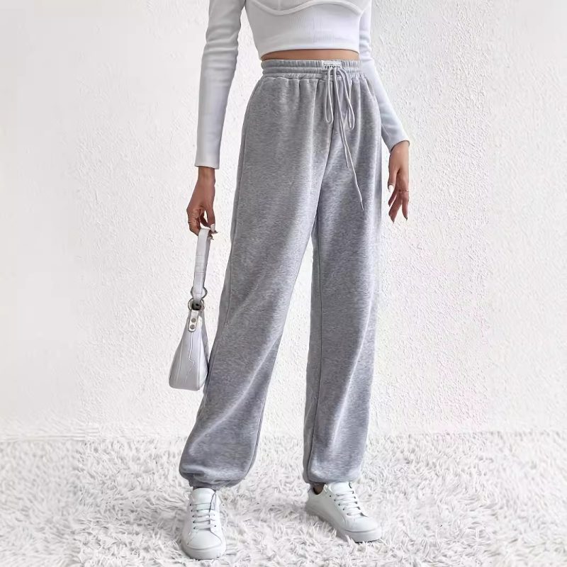 Gray Wide Leg Sweatpants for Women - Loose Fit, Ankle-Tied Drawstring Pants - Image 2