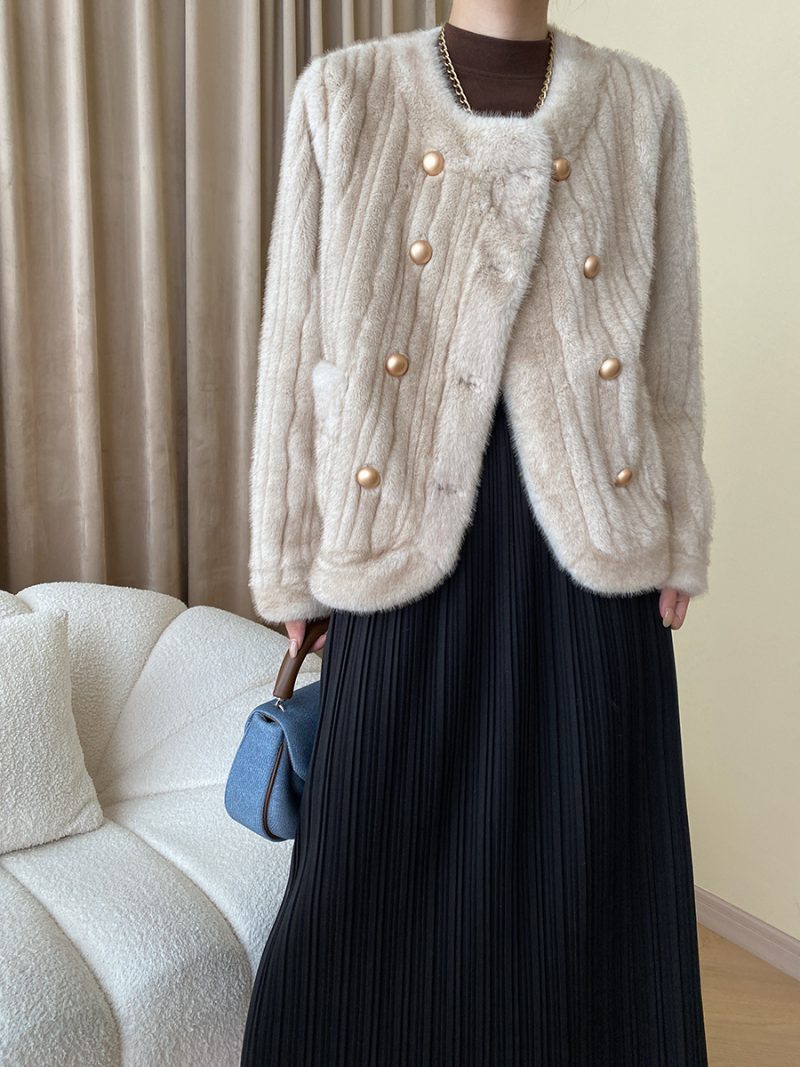 Marbling Texture Design French Mink-Like Wool Furry Environmental Protection Fur Coat - Image 2