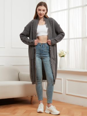 Women’s Knitted Solid Color Frayed Cardigan Sweater Coat