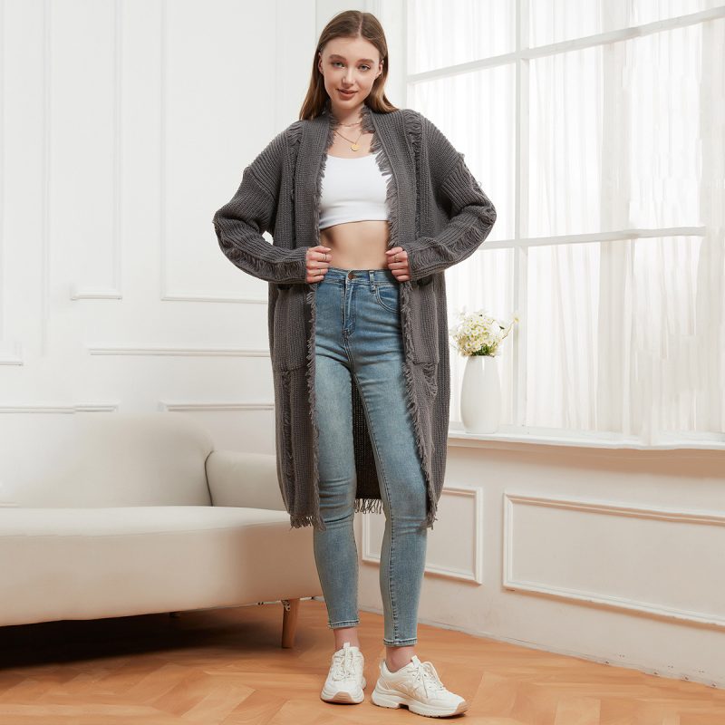 Women’s Knitted Solid Color Frayed Cardigan Sweater Coat
