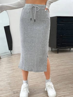 High Waist Knitted Fleece Skirt – Drawstring Slit, Autumn Winter