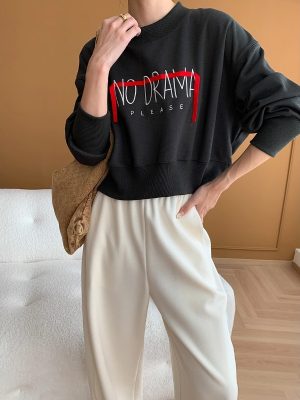 Loose Ribbon Letter Graphic Crew Neck Drop Shoulder Hoodie