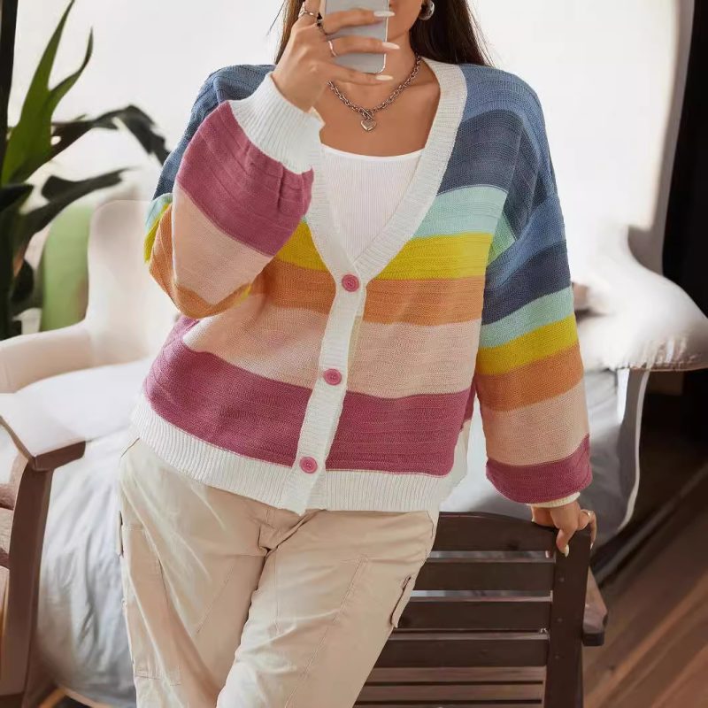 Striped Knit Cardigan Coat - Buckle-Free Autumn/Winter Wear - Image 3