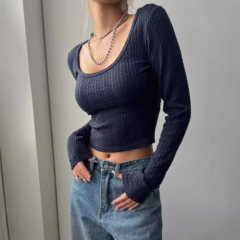 Autumn Slim Fit Low-Cut Long Sleeve Knitted Sweater - Image 2