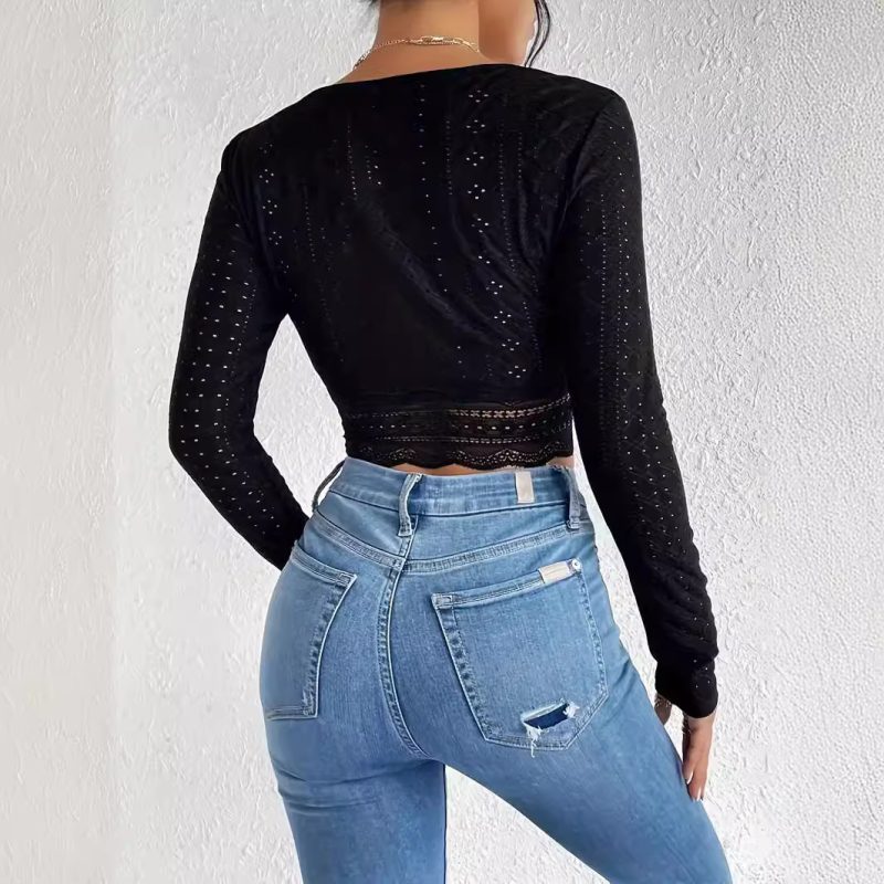 Lace Pleated Square Collar T-Shirt - Summer Long Sleeve - Image 3