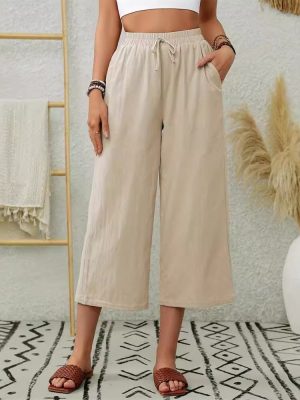 Elegant Cotton Linen Elastic Waist Wide Leg Cropped Pants with Pockets