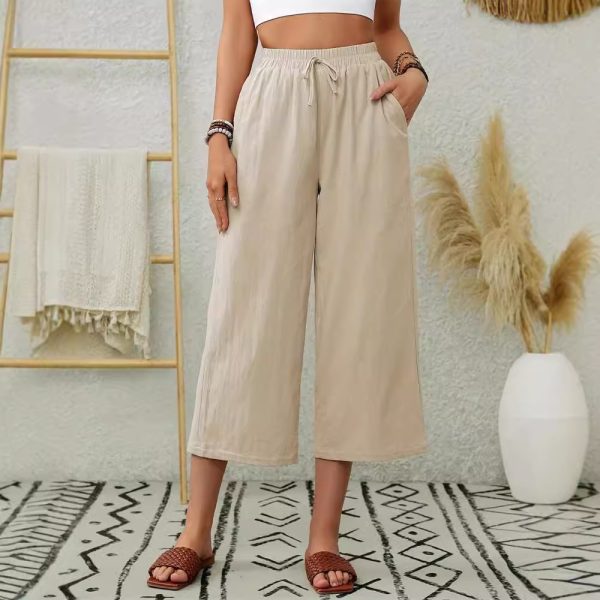 Elegant Cotton Linen Elastic Waist Wide Leg Cropped Pants with Pockets