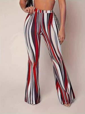 Women’s Digital Print Bell Bottom Pants – Tight Fit, Casual Big Leg Trousers