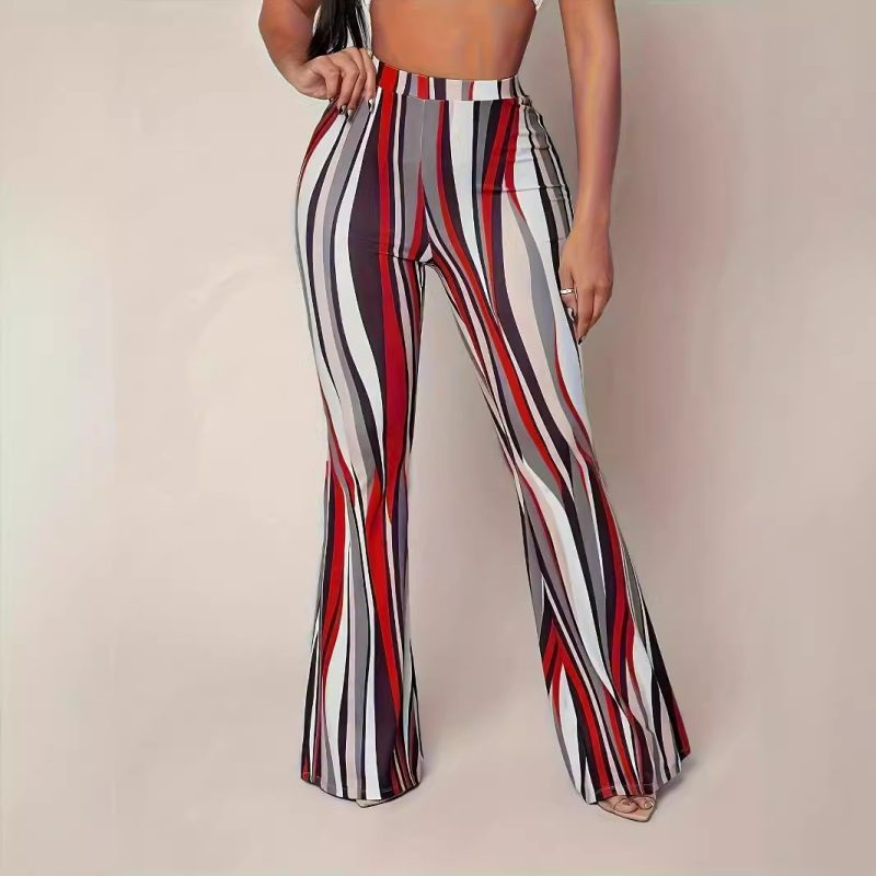 Women’s Digital Print Bell Bottom Pants - Tight Fit, Casual Big Leg Trousers