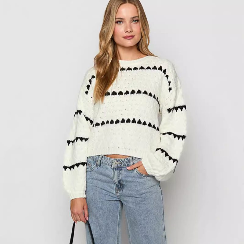 Thick Twist Stripe Sweater - Round Neck Autumn Winter - Image 3