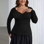 Plus Size Elegant Square Collar Slim Long Sleeve T-Shirt - Image 2